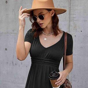 SoTeer Deep V-Neck Women Empire Waist Ruched Slimming Blouse Top Black Size S